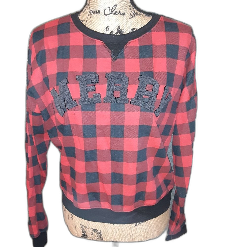 Joyland Cropped Medium Red and Black Plaid Graphic Sweatshirt NWT